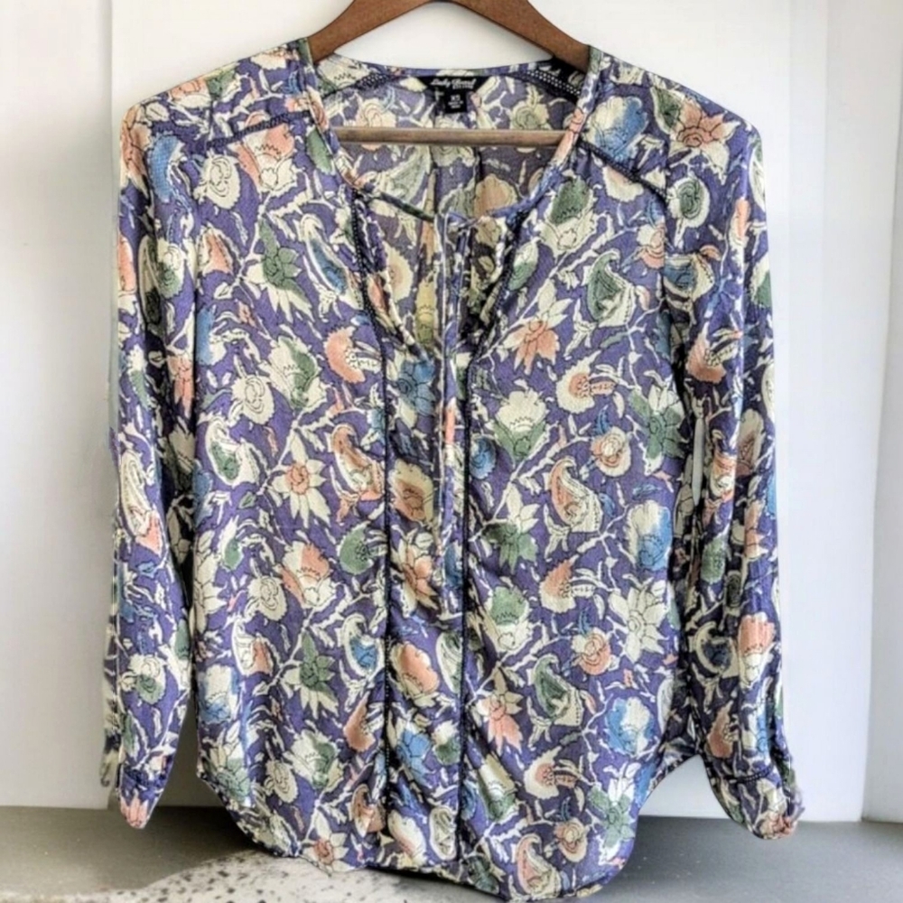 Lucky Brand XS Boho Pheasant Purple Floral Long Sleeve Keyhole Tie V-Neck Blouse